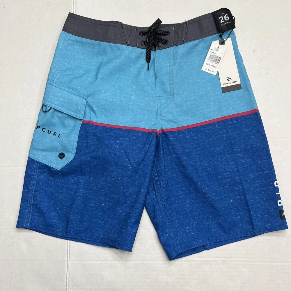 Rip-Curl All Time Re-Mix Boardshorts Boys 12 Blue Striped Swim Trunks‎ 26